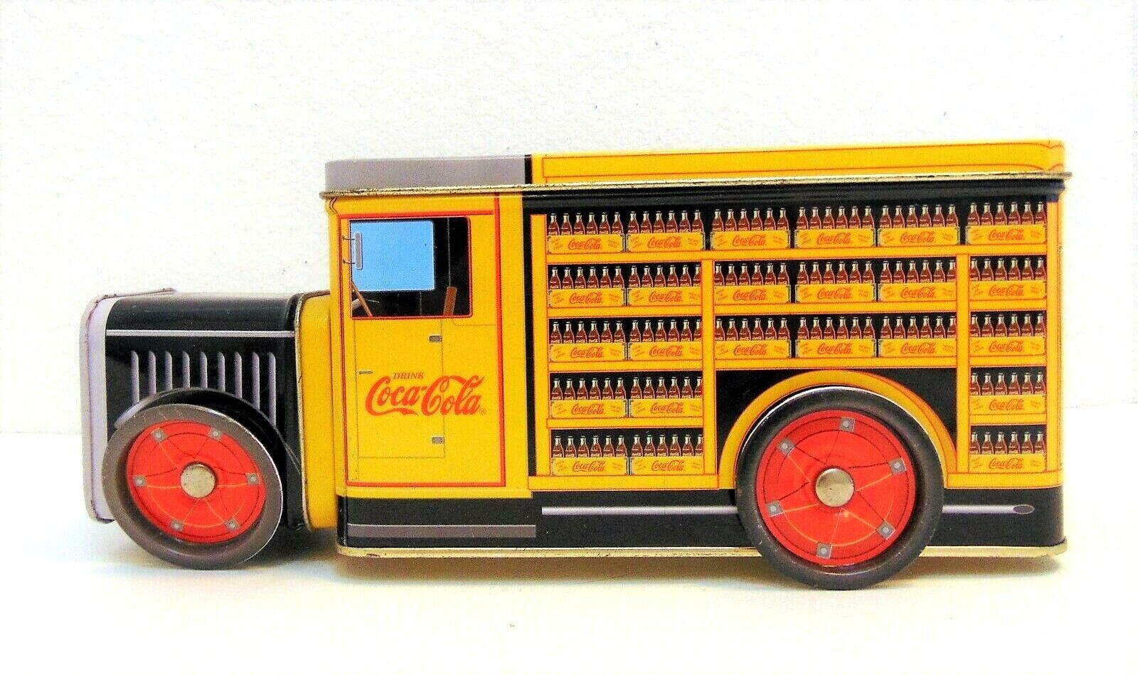 Coca Cola Tin Box Yellow Vintage Truck with Removable Lid Working Red Wheels