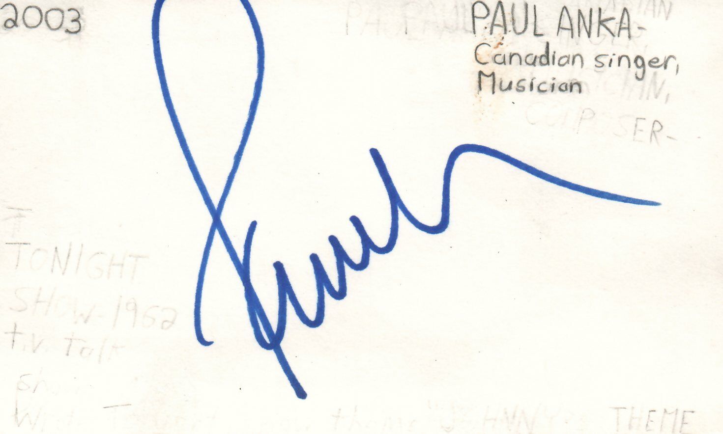 Paul Anka Canadian Musician Singer Music Autographed Signed Index Card JSA COA