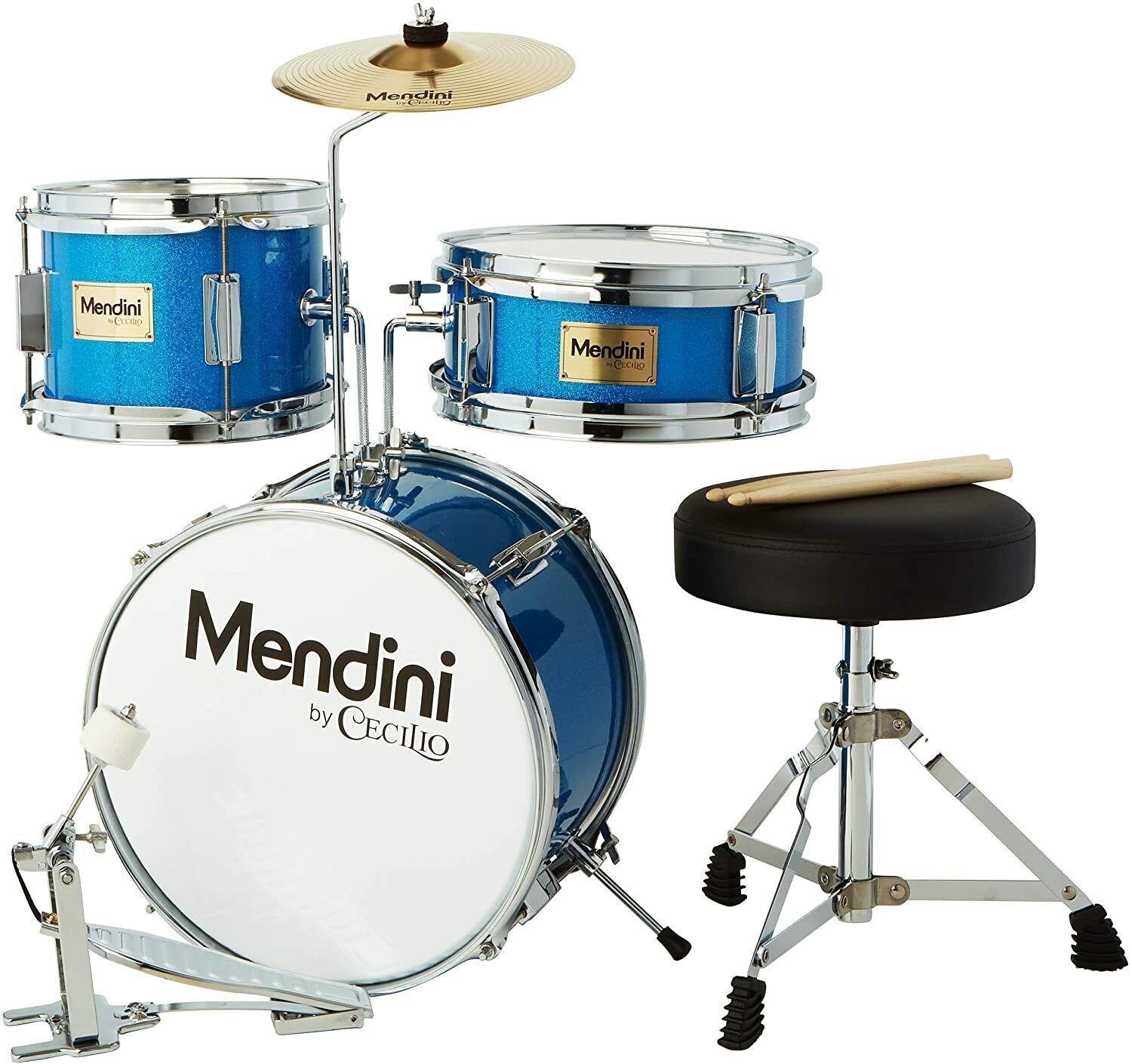 Mendini By Cecilio Kids Drum Set, Junior Kit w/ 4 Drums - Blue Metallic