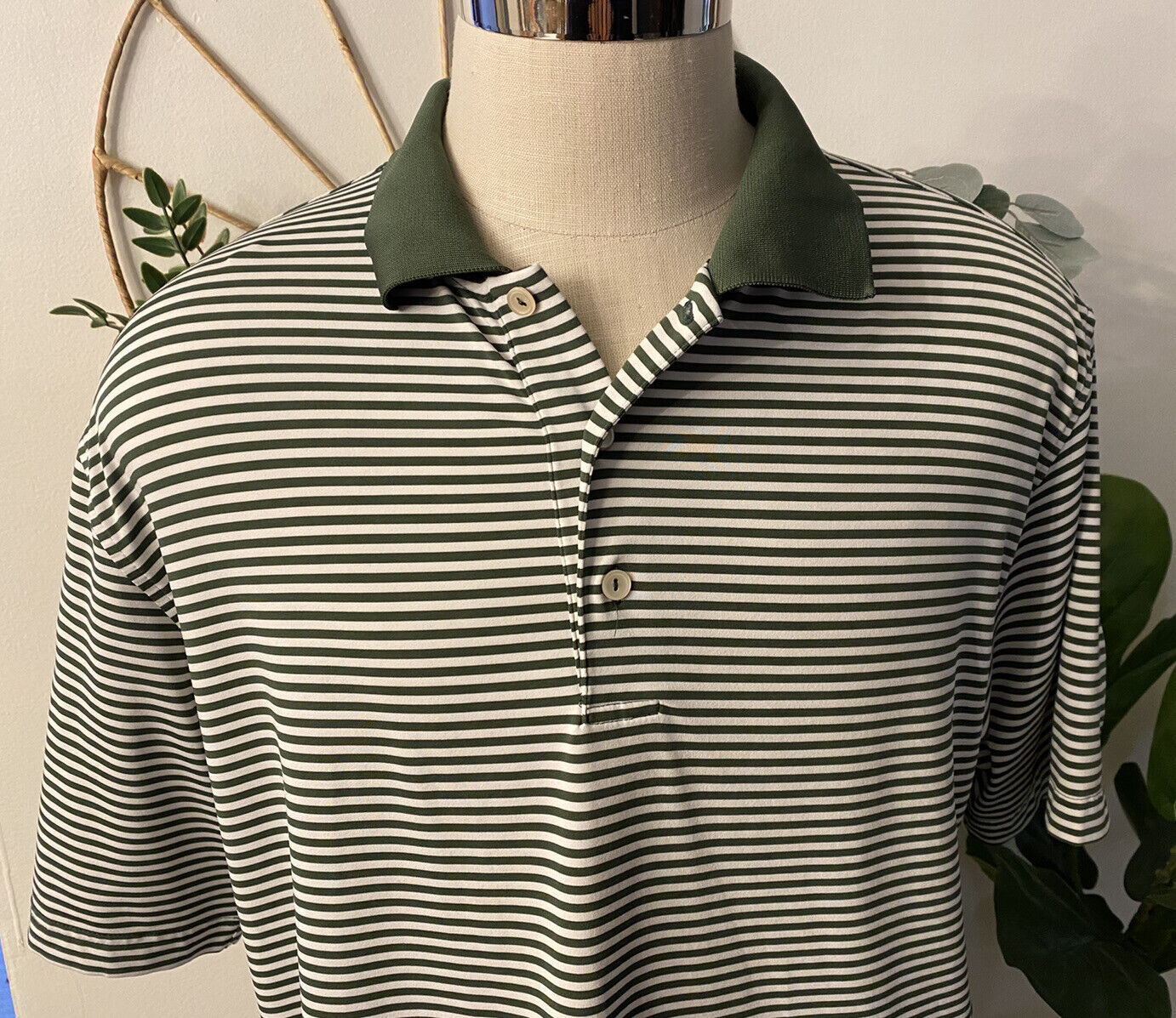 Peter Millar Summer Comfort Men\'s Golf Polo Shirt Green White Striped XL