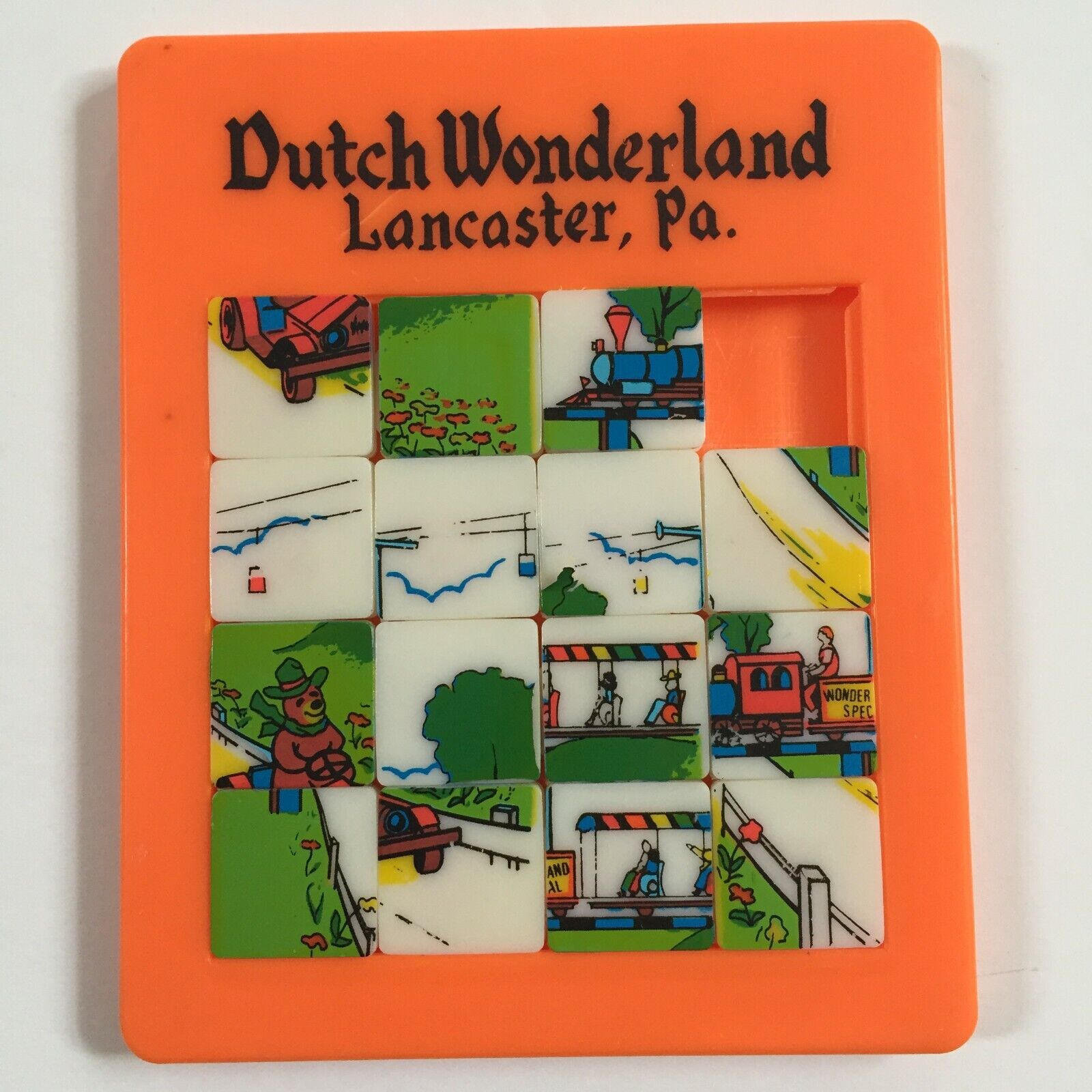 Vintage Dutch Wonderland Souvenir Slide Puzzle Tray Toy Orange Plastic 1980\'s PA