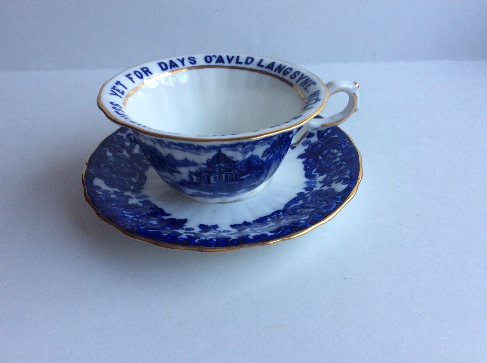 Antique C. 1910 Wedgwood Blue Gilt Bone China Cup Saucer AULD LANG SYNE Chinese