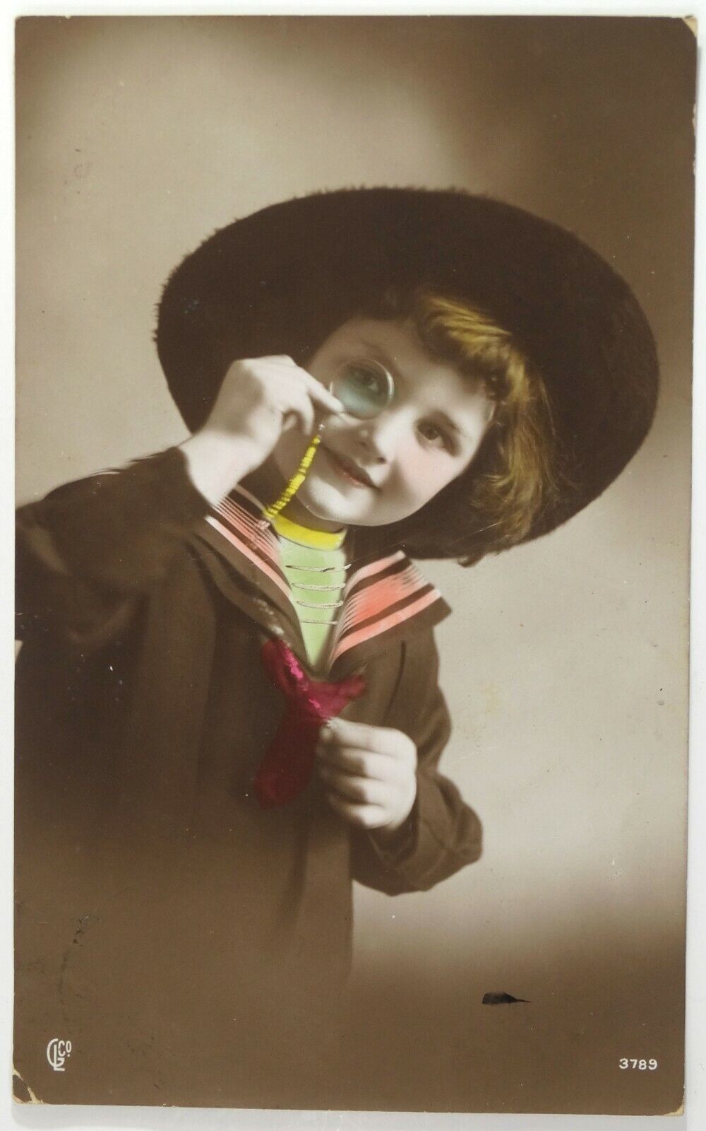 1912 Original Photo RPPC Edwardian Boy Sailor Suit Monocle Hand Tint 1A13