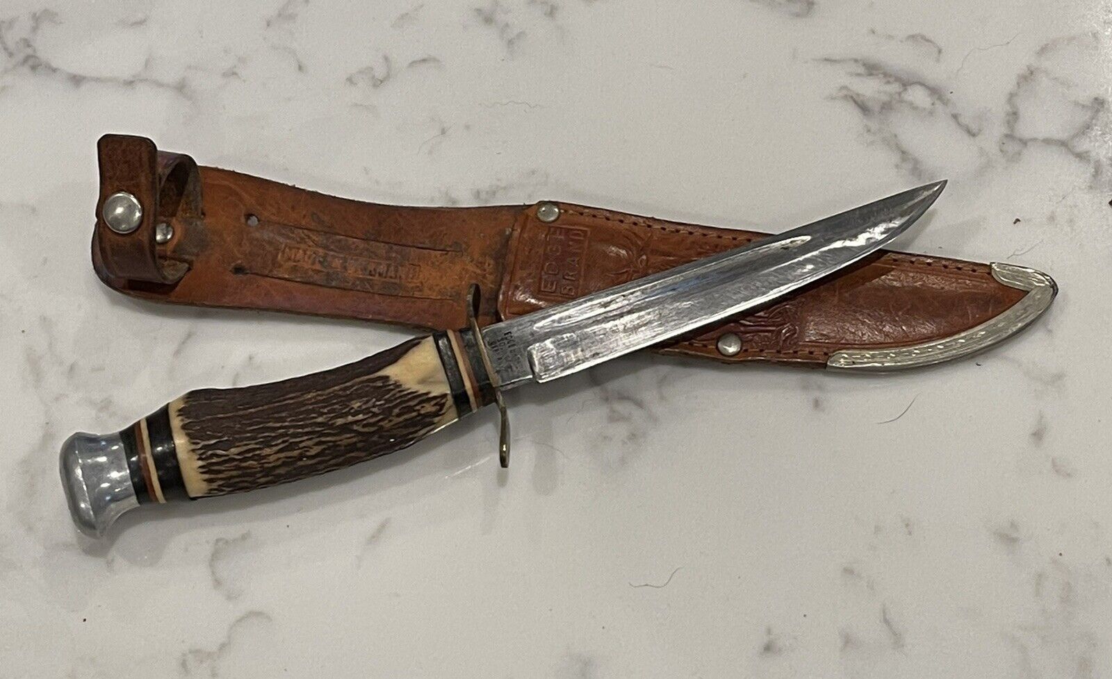 Vintage EDGE BRAND Solingen Germany 461 Hunting knife stag handle W/ sheath