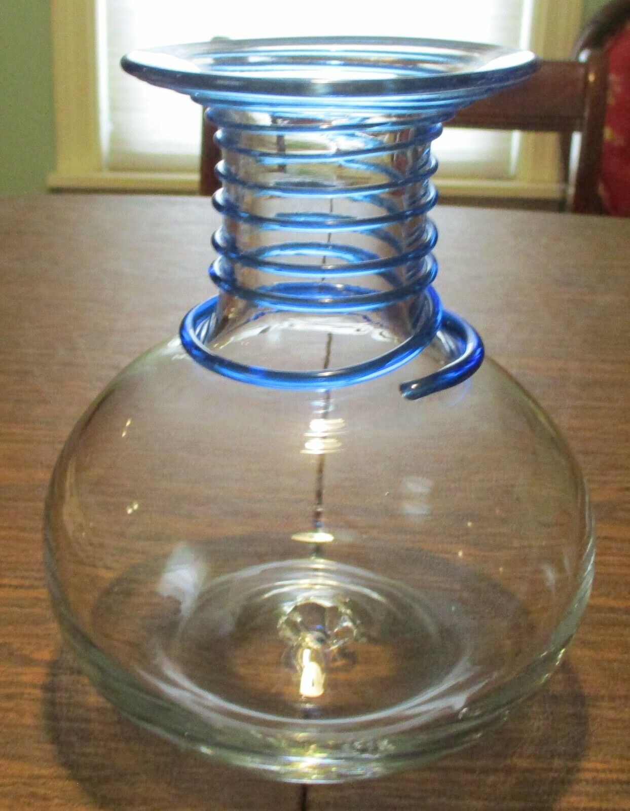 Unmarked Blenko Clear Glass Vase With Blue Threading, No. 8318, Hand Blown